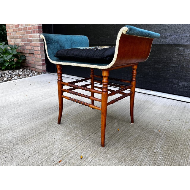 Late 19th Century Antique Scroll Bentwood Bobbin Velvet Bench Chair For Sale - Image 9 of 11