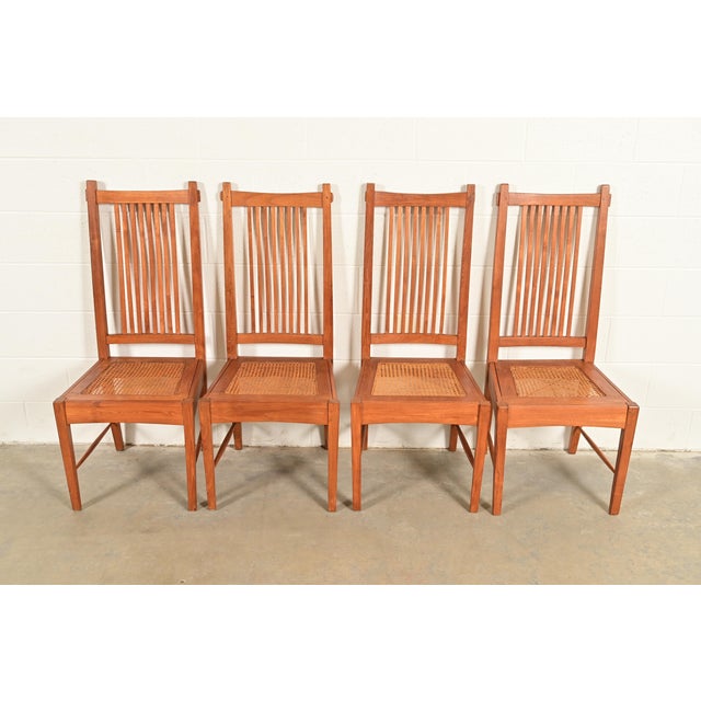 Mid-Century Modern Stickley Style Arts & Crafts Teak and Cane Dining Chairs, Set of Four For Sale - Image 3 of 12