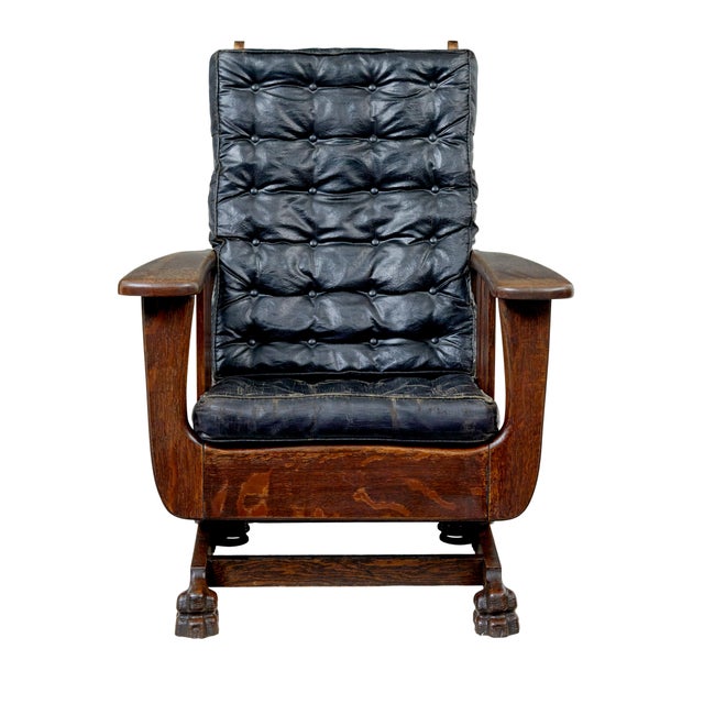 Antique Oak and Leather Rocking Chair, 1910 For Sale - Image 6 of 11