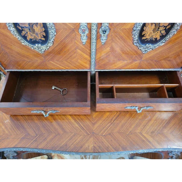 1920s Antique French Inlaid & Bronze Writing Desk For Sale - Image 5 of 12