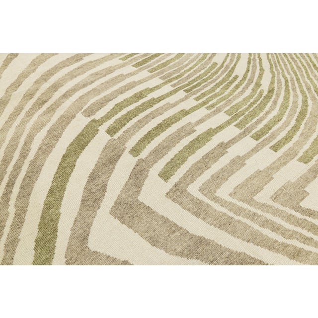 Contemporary Abstract Geometric Wool Area Rug – Olive Green & Cream Modernist For Sale - Image 10 of 12