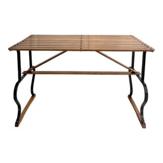 Vintage Slatted Wood and Iron Center Console Dining Table For Sale