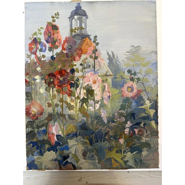 Johannes Andersen Häcker Johannes, Hollyhocks Church Summer, 1922, Gouache and Watercolor For Sale - Image 4 of 13