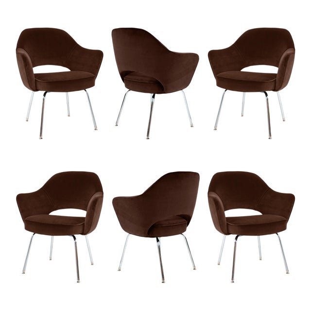 Saarinen Executive Arm Chairs in Espresso Velvet - Set of 6 For Sale