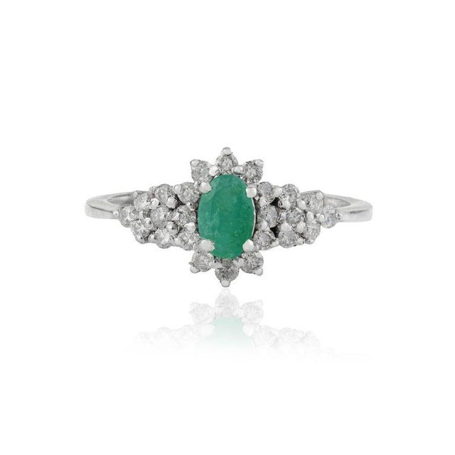 Not Yet Made - Made To Order Art Deco Oval Emerald & Diamond Halo Cluster Ring in Silver, Size 8 For Sale - Image 5 of 12