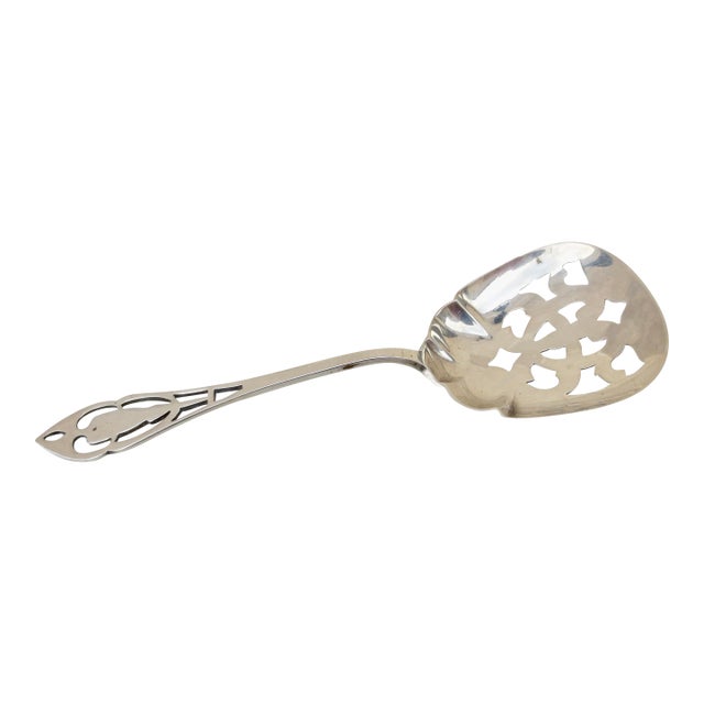 1910 Sterling Silver Small Pierced Serving Spoon For Sale