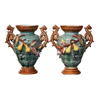 Pair of 19th Century French Barbotine Majolica Vases With Pears For Sale