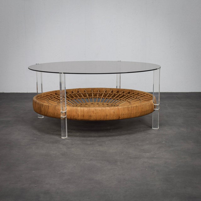 Glass Vintage Round Coffee Table with Rattan Basket, 1970s For Sale - Image 7 of 7