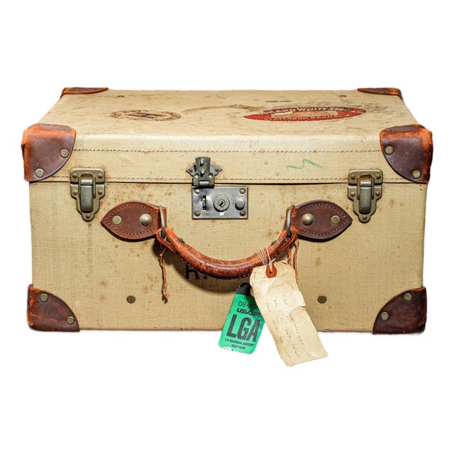 Decorative 1930s Travel Trunk Luggage Suitcase Antique Leather Canvas Travel Home Decor Storage For Sale
