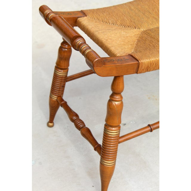 Vintage Hitchcock-Style Maple Bench With Woven Rush Seat & Gold Stenciling For Sale - Image 9 of 18