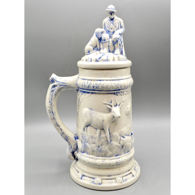 Statement Size German Lidded Stein With Hunting Motif Man Dog Stag For Sale - Image 10 of 12
