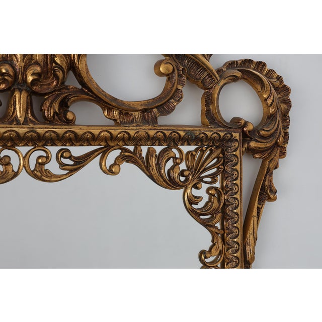 1950s 20th Century Chippendale Gilt Metal Mirror with Palmette Crest and Husk Garlands, Italy, 1950s For Sale - Image 5 of 11