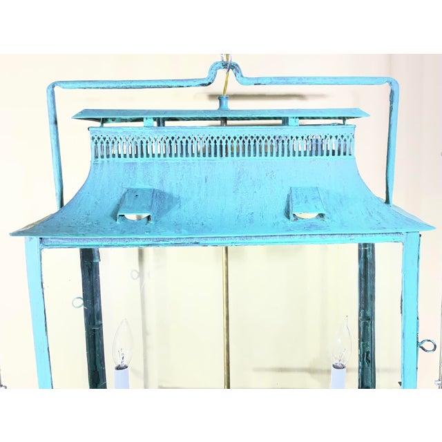 One of a Kind Hand-Painted Turquoise Hanging Lantern Steel & Solid Brass For Sale - Image 17 of 18