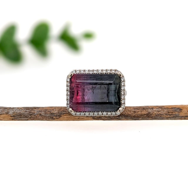 9.2Ct Bi-Color Tourmaline Ring With Natural Diamonds: Solid 14k Gold, 15x11mm, Size 6.75 For Sale - Image 4 of 7