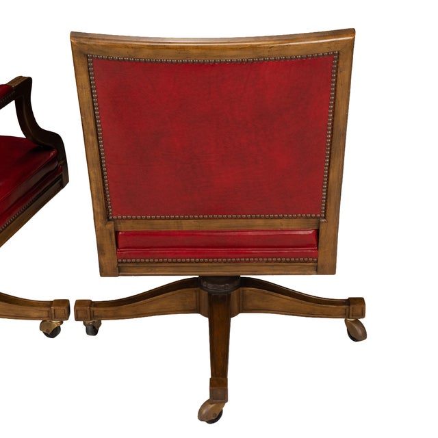 Pair of 1980s Baker Furniture Rolling Executive Chairs in Carved Wood & Burgundy Vinyl Upholstery For Sale - Image 13 of 18