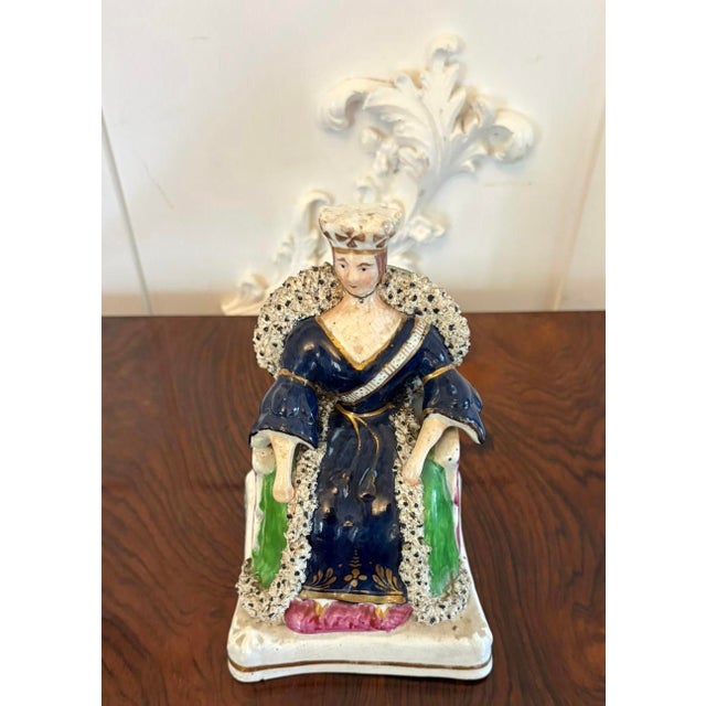 Antique Staffordshire Ceramic Flatback Seated Queen Victoria Figure in Cobalt Blue, 1850 For Sale - Image 10 of 10