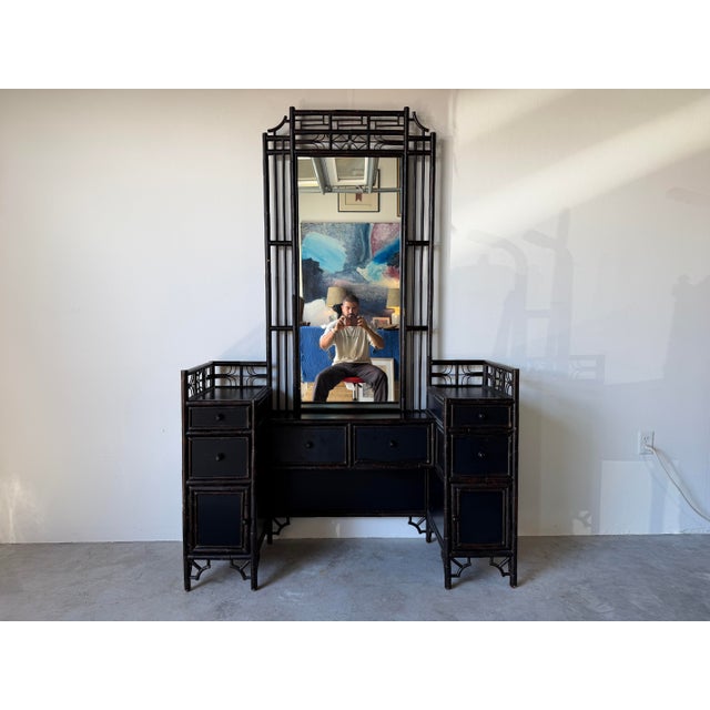 Black Vintage Chinoiserie Black Lacquered Bamboo Vanity Dressing Table With Mirror, Side Cabinets & Wicker Bench For Sale - Image 8 of 17