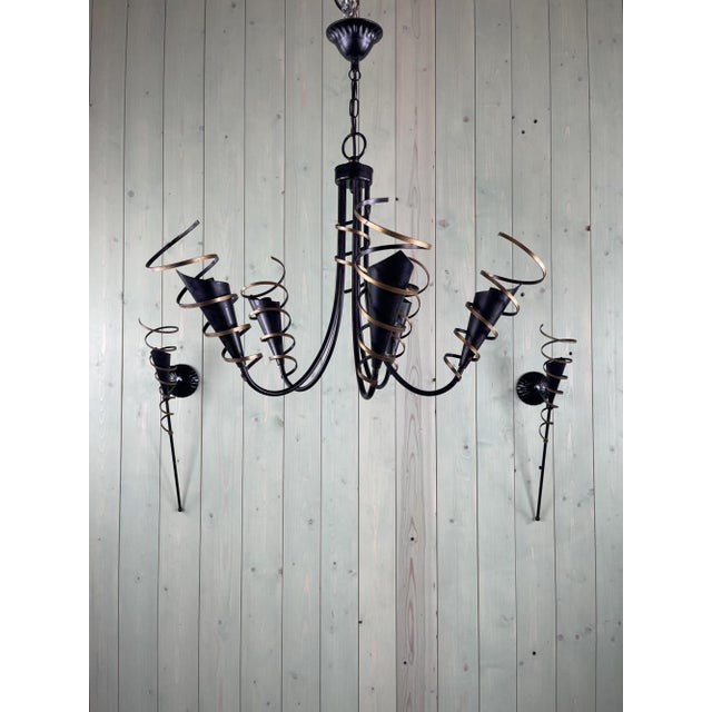 Metal Vintage Chandelier and Wall Lights, 20th Century, Set of 3 For Sale - Image 7 of 7