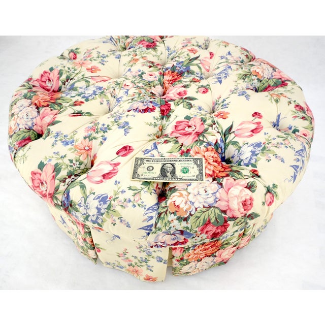 Cream Drexel Large Tufted Floral Upholstery 35” Diameter Ottoman Foot Stool Bench MINT For Sale - Image 8 of 10