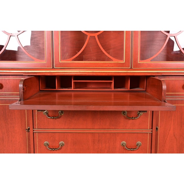Red Georgian Red Lacquered Lighted Breakfront Bookcase Cabinet With Drop Front Secretary Desk by Jasper Cabinet Co. For Sale - Image 8 of 14