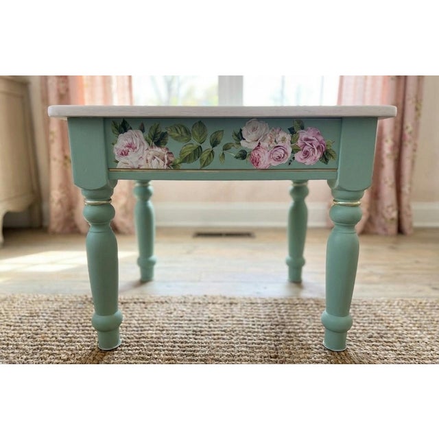 Pair of Hand-Refinished End Tables With Custom Soft Green Finish and Floral Detail For Sale - Image 4 of 10