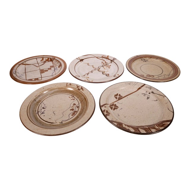 John Glick Signed Set of 5 Plates Modernist Stoneware Glazed Ceramics Plum Tree For Sale