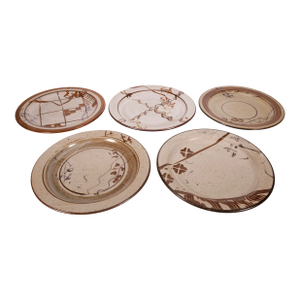John Glick Signed Set of 5 Plates Modernist Stoneware Glazed Ceramics Plum Tree