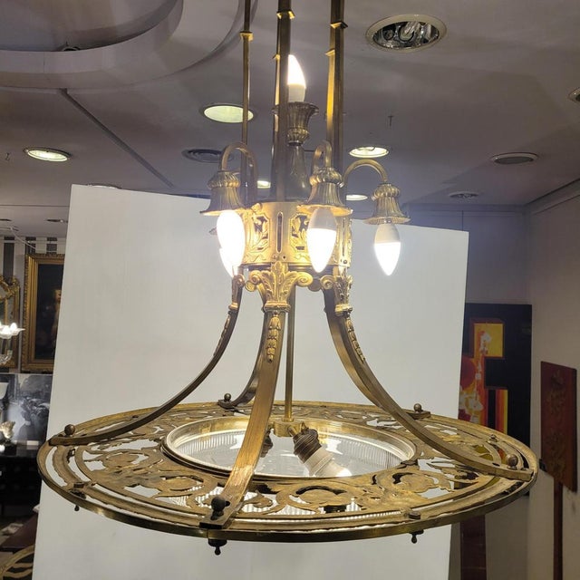 Art Nouveau Ceiling Lamp in Gilt Bronze and Frosted Crystal, France, 1930s For Sale - Image 9 of 18