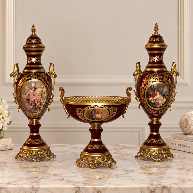 Elegant three-piece French-style porcelain garniture set featuring two matching covered vases and a coordinating central...