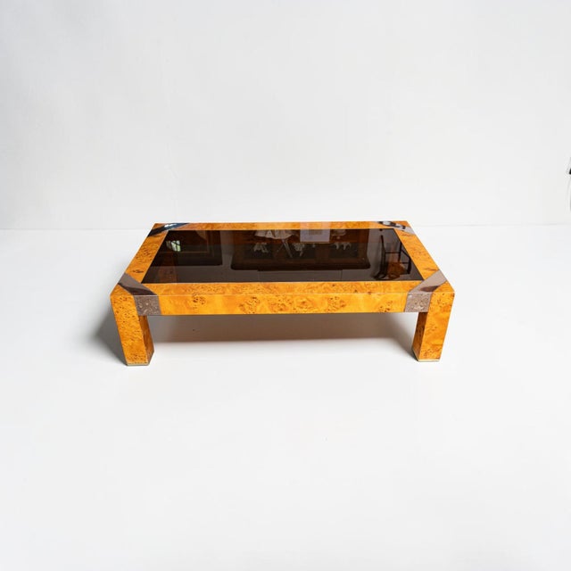 Milo Baughman 1970s Burl & Smoke Glass Coffee Table With Chrome Trim in the Style of Milo Baughman For Sale - Image 4 of 18