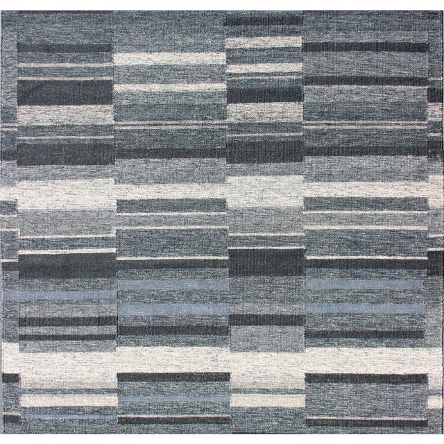 Mid-Century Modern Modern Scandinavian Flat-Weave Rug With Striped Panel Design in Gray, Steel Blue For Sale - Image 3 of 12
