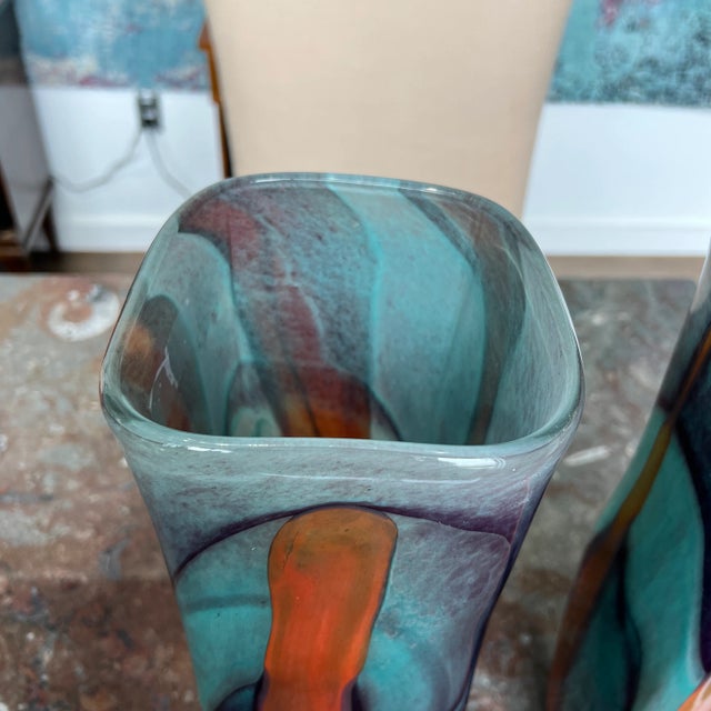 Glass 1990s Tall Contemporary Hand Blown Glass Vase in Smoke Color With Orange and Black Swirls - a Pair For Sale - Image 7 of 13