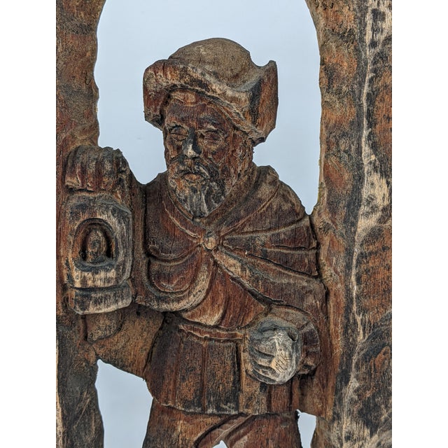 Wood Pair of Mid-Century European Hand-Carved Wood Watchman Figural Relief Panels, Brown For Sale - Image 7 of 12
