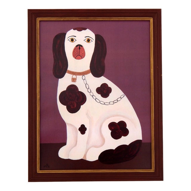 Matt Rix, Naive Style Left Facing Staffordshire Spaniel on Mantel, Dusky Pink, Print, Framed For Sale