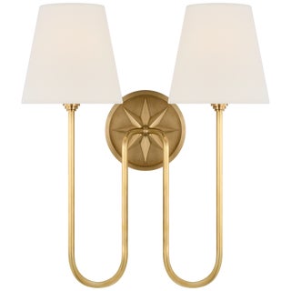Chapman & Myers for Visual Comfort Signature Polaris 17" Double Sconce in Antique-Burnished Brass with Linen Shades For Sale