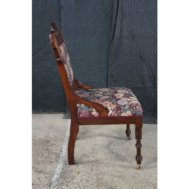 Antique Victorian Eastlake Walnut Burl Carved Parlor Chair Tapestry Fabric For Sale - Image 14 of 18