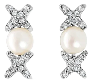Freshwater Pearl Diamond Drop XOXO Earrings .75cttw 14k White Gold, 2 Pieces
