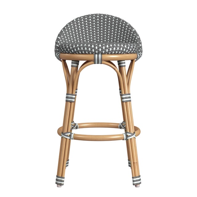 Spritely Home Accent Furniture Tobias 24.5 in. Seat Height Outdoor Rattan and Metal Low Back Counter Stool, Gray/White Dot / Natural Rattan Frame For Sale - Image 4 of 8