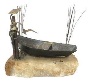 Mid Century Metal Sculpture Boat Mounted on Quartz