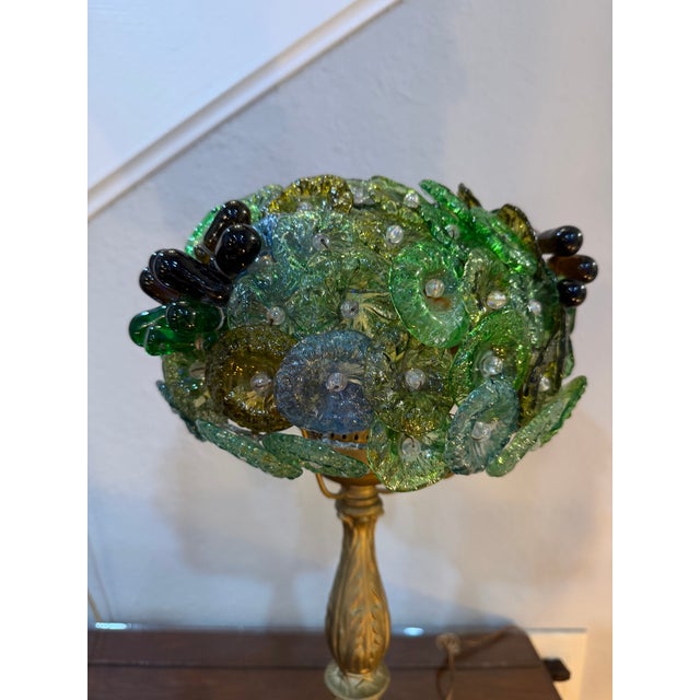 Hollywood Regency Beautiful 1970s Hollywood Regency Hand Blown Murano Glass Textured Translucent Blue, Green and Yellow Flowers Lampshade With Original Base For Sale - Image 3 of 12