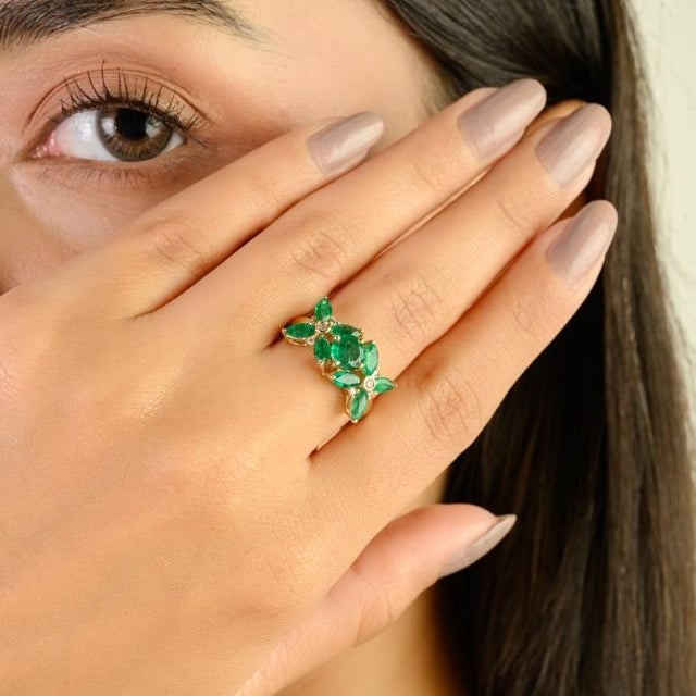3 Carat Natural Emerald Cluster Engagement Ring With Diamonds in 14k Gold Size 5.5 For Sale In New York - Image 6 of 13
