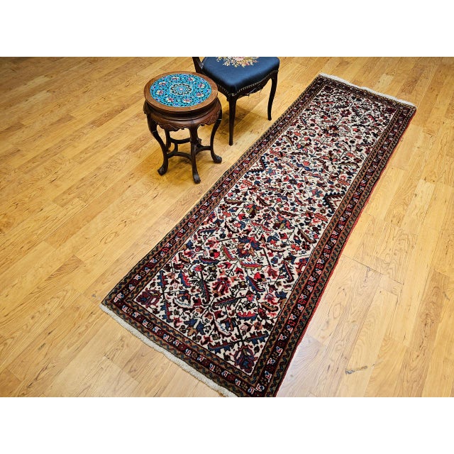 Vintage Persian Heriz Runner Rug, Hand-Knotted Wool, Allover Geometric Pattern, Ivory & Red, 3x9 For Sale - Image 4 of 14