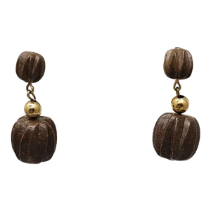Vintage 1960s Signed Napier Goldtone Wood Carved Beaded Drop Clip Earrings - 2 Pieces