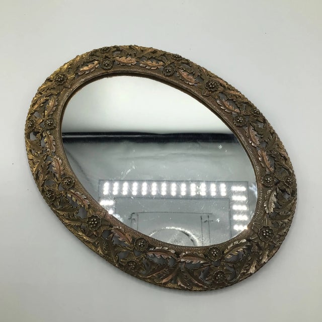 French Art Nouveau Gold Gilt Brass Oval Dresser/Vanity Mirror With Floral Design For Sale - Image 4 of 12