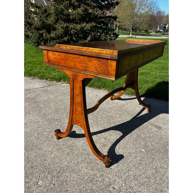 Wood Vintage Mounted Walnut Writing Desk Attributed to Baker Furniture - Original Brass Accents For Sale - Image 7 of 11