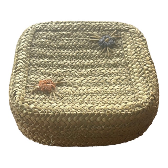 Mid 20th Century Square Wicker Basket With Fitted Lid and Raised Flowers For Sale