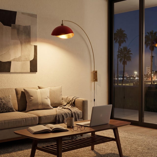 Metal Luna Bella Wall Arc Lamp - Weathered Brass, Red/Gold Shade, Dimmable For Sale - Image 7 of 8