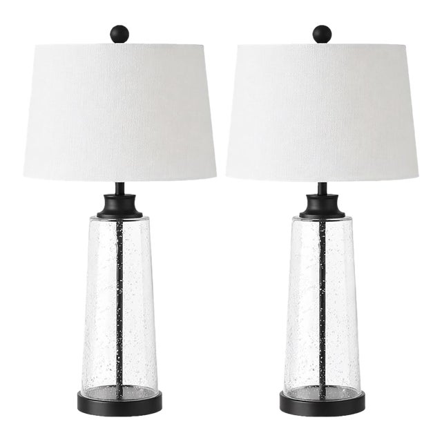Contemporary Seeded Bubble Glass Table Lamps With Linen Drum Shades - a Pair For Sale