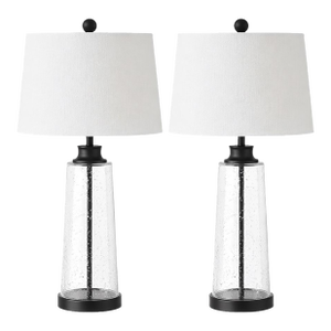 Contemporary Seeded Bubble Glass Table Lamps With Linen Drum Shades - a Pair