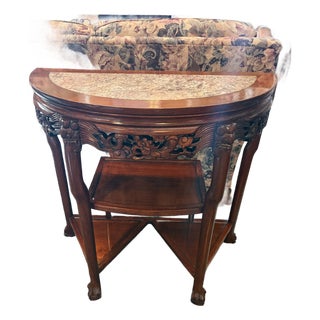 Vintage Chinese Carved Hardwood Demilune Console With Marble Top For Sale
